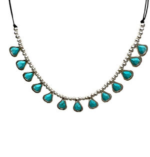 Bella Uno Necklace 90s Y2K Faux Turquoise Teardrop Silver Tone Ball Bead Signed